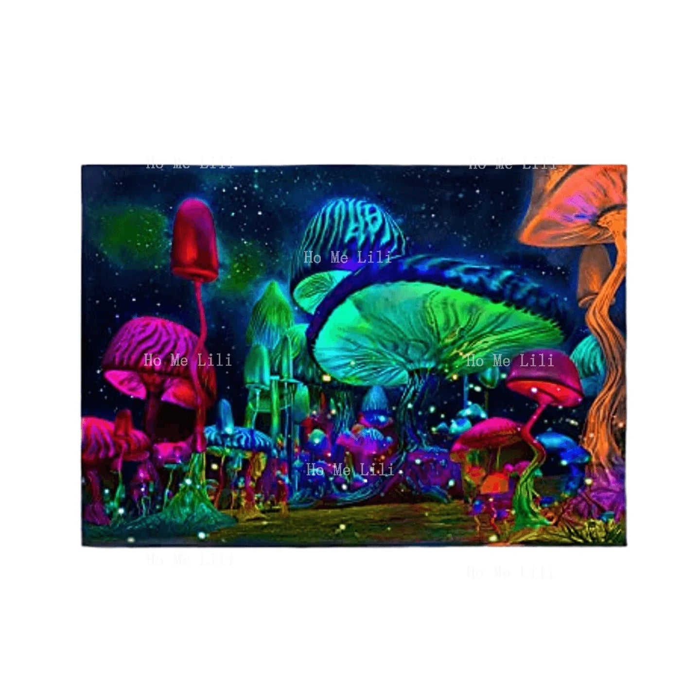 Mushroom 🍄 Tapestry for Bedroom Trippy Fantasy Plant Starry Night Wall Hanging Black Light Poster ⚡️