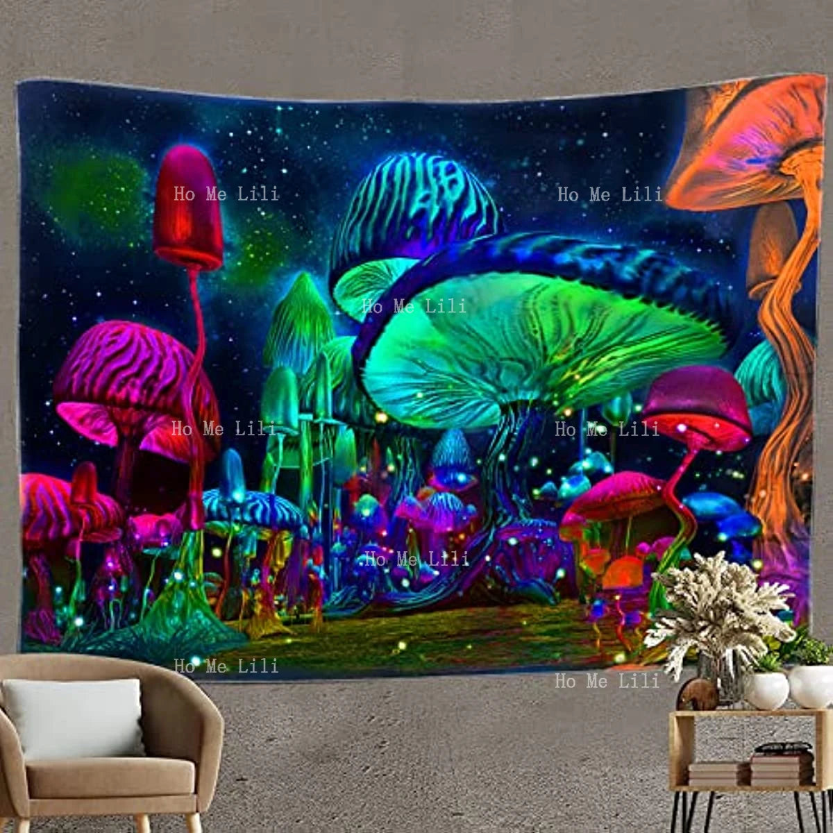 Mushroom 🍄 Tapestry for Bedroom Trippy Fantasy Plant Starry Night Wall Hanging Black Light Poster ⚡️