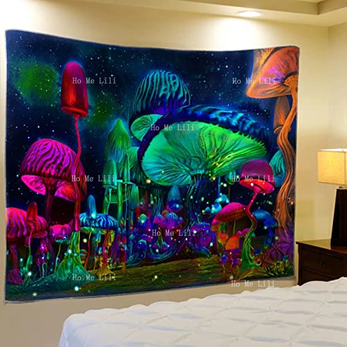 Mushroom 🍄 Tapestry for Bedroom Trippy Fantasy Plant Starry Night Wall Hanging Black Light Poster ⚡️