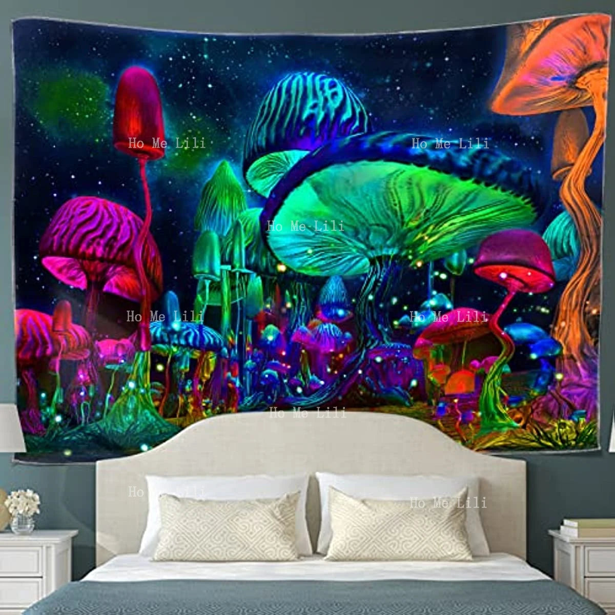 Mushroom 🍄 Tapestry for Bedroom Trippy Fantasy Plant Starry Night Wall Hanging Black Light Poster ⚡️